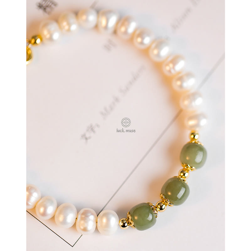 Luck Muse 14K Gold Plated Sincerity Bead Chain Bracelet with Natural Pearl, Hetian Cyan Jade, and White Jade - Image 8