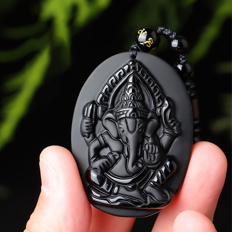 Tibetan Obsidian Ganesh Elephant Wealth Amulet Necklace - Image 9