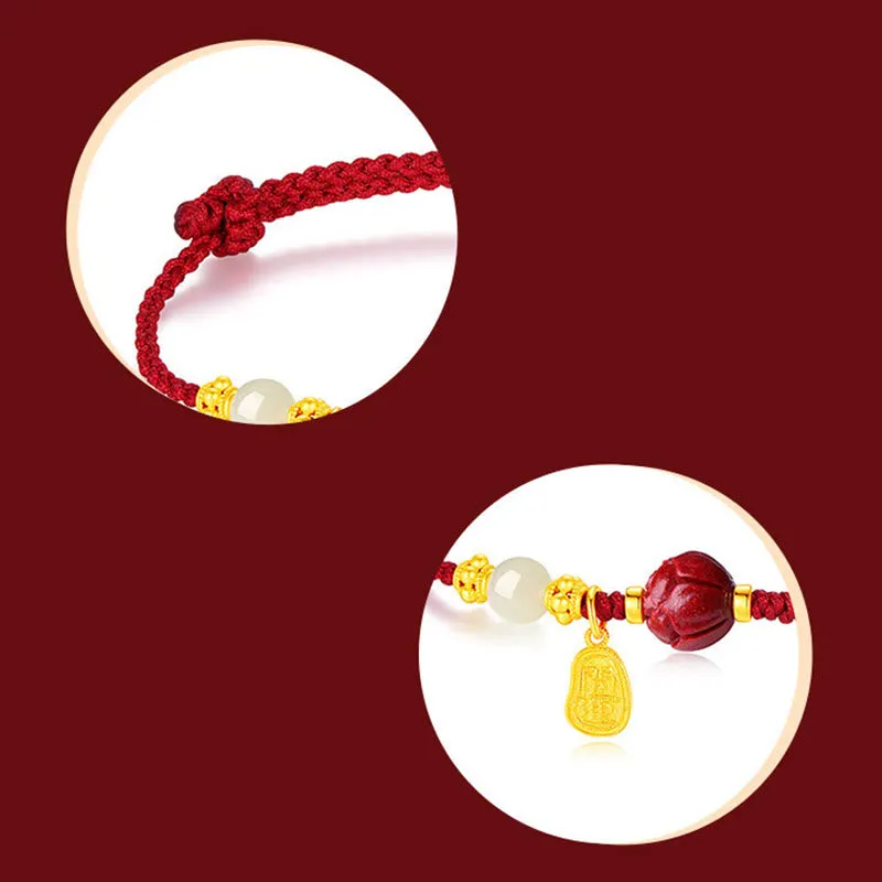 24K Gold Plated Hetian White Jade Cinnabar Lotus Luck Rope Bracelet with Luck Muse - Image 4