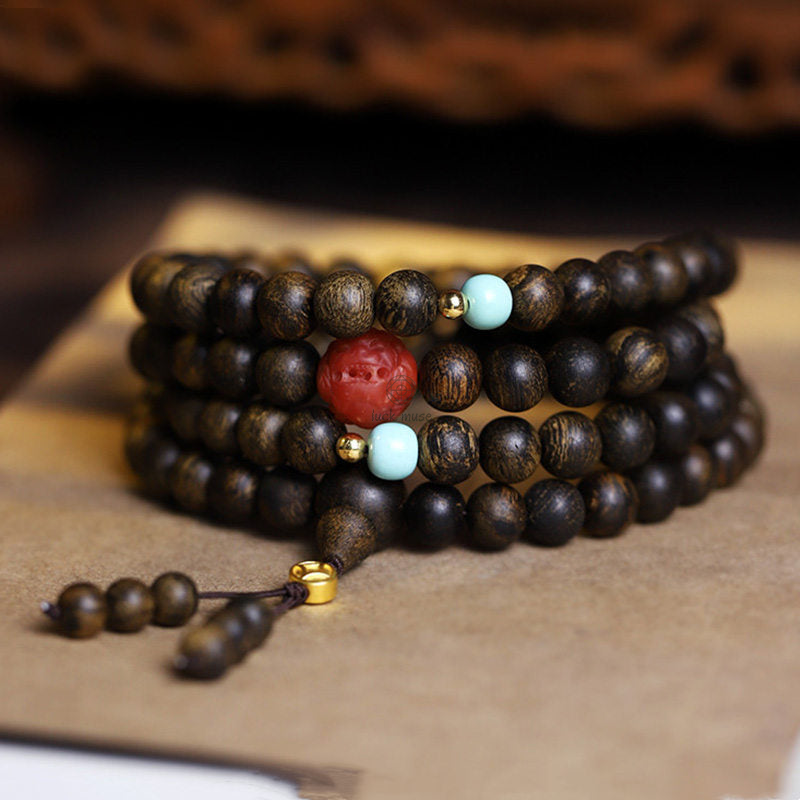 Luck Muse 108 Mala Beads Peace Meditation Bracelet with Agarwood, Red Agate, and Turquoise - Image 9