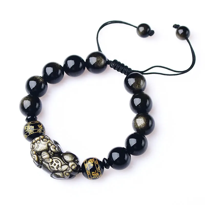 Natural Gold Sheen Obsidian PiXiu Wealth Bracelet with Om Mani Padme Hum - Image 10