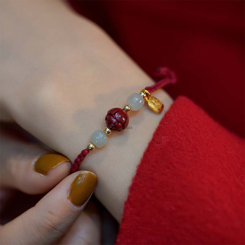 Cinnabar Jade Lotus Red String Bracelet - Image 6