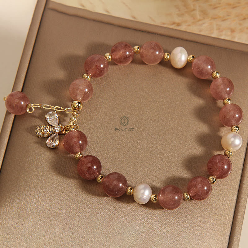 Strawberry Quartz Pearl Zircon Honeybee Charm Bracelet - Image 8