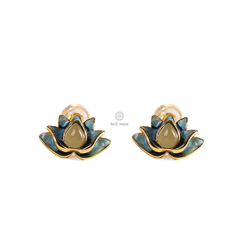 Luck Muse 925 Sterling Silver Hetian Cyan Jade Lotus Success Earrings - Image 6