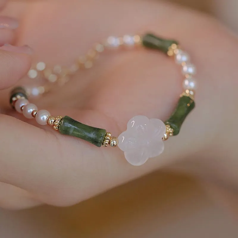 Peridot Agate and Pearl Bracelet with Luck Muse and Bamboo Flower Accents for Peace - Image 4