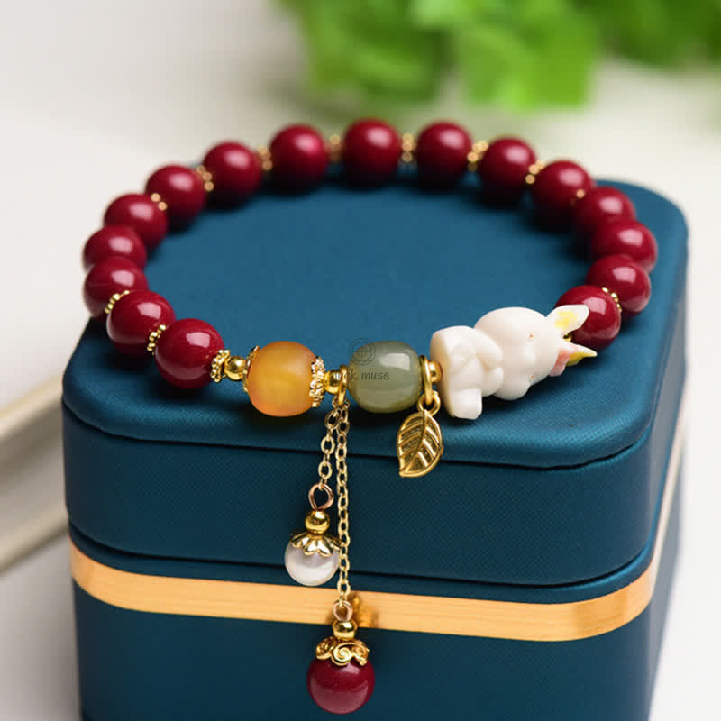 Year of the Rabbit Cinnabar Hetian Jade Bunny Beaded Bracelet with Blessings - Image 5