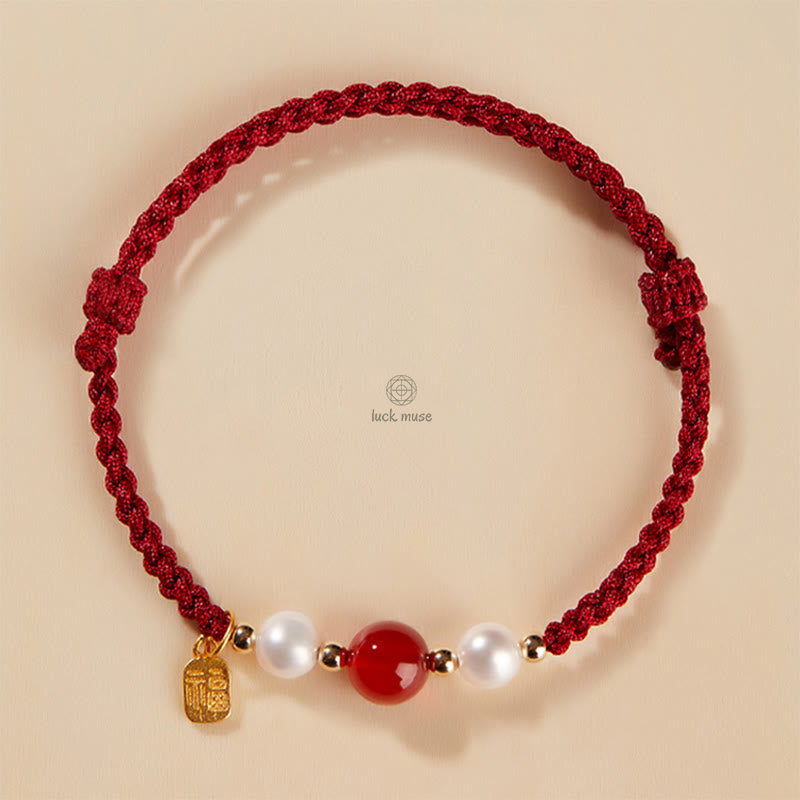Luck Muse 925 Sterling Silver Fu Character Agate Pearl Red String Braid Bracelet - Image 3
