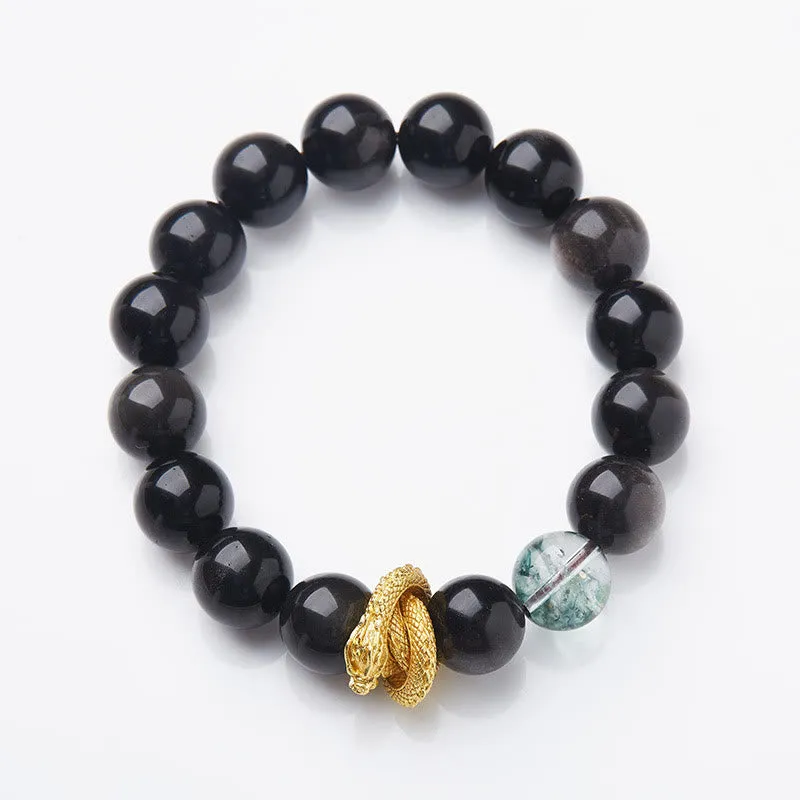 Luck Muse Natural Silver Sheen Obsidian Dragon Green Ghost Protection Bracelet