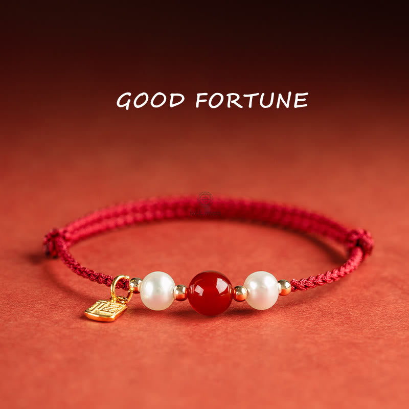 Luck Muse 925 Sterling Silver Fu Character Agate Pearl Red String Braid Bracelet