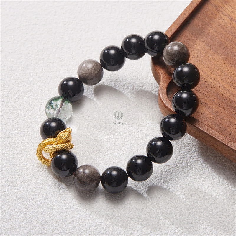 Luck Muse Natural Silver Sheen Obsidian Dragon Green Ghost Protection Bracelet - Image 8