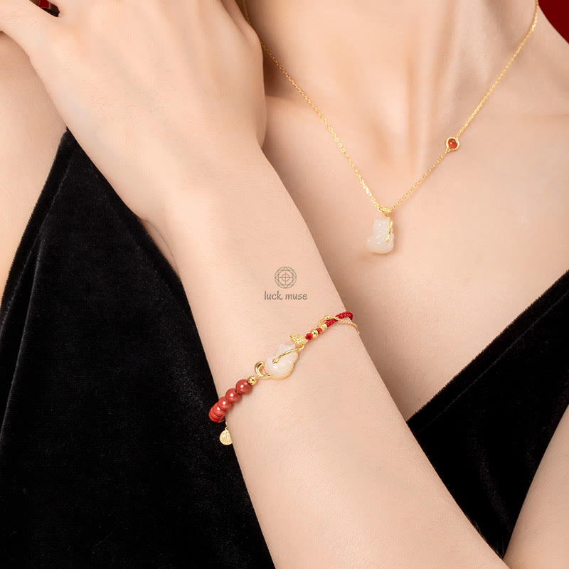 Luck Muse 925 Sterling Silver Plated 18K Gold Hetian Jade Ruyi Cat Cinnabar Luck Jewelry Set - Image 2