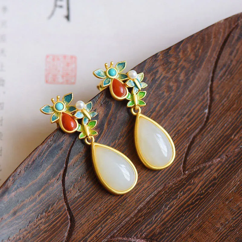 White Jade Red Agate Butterfly Protection Drop Earrings with Luck Muse - Image 2