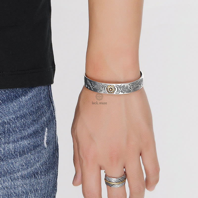 Tang Dynasty Inspired Luck Muse Floral Copper Bracelet with Feather Carving for Luck - Image 6