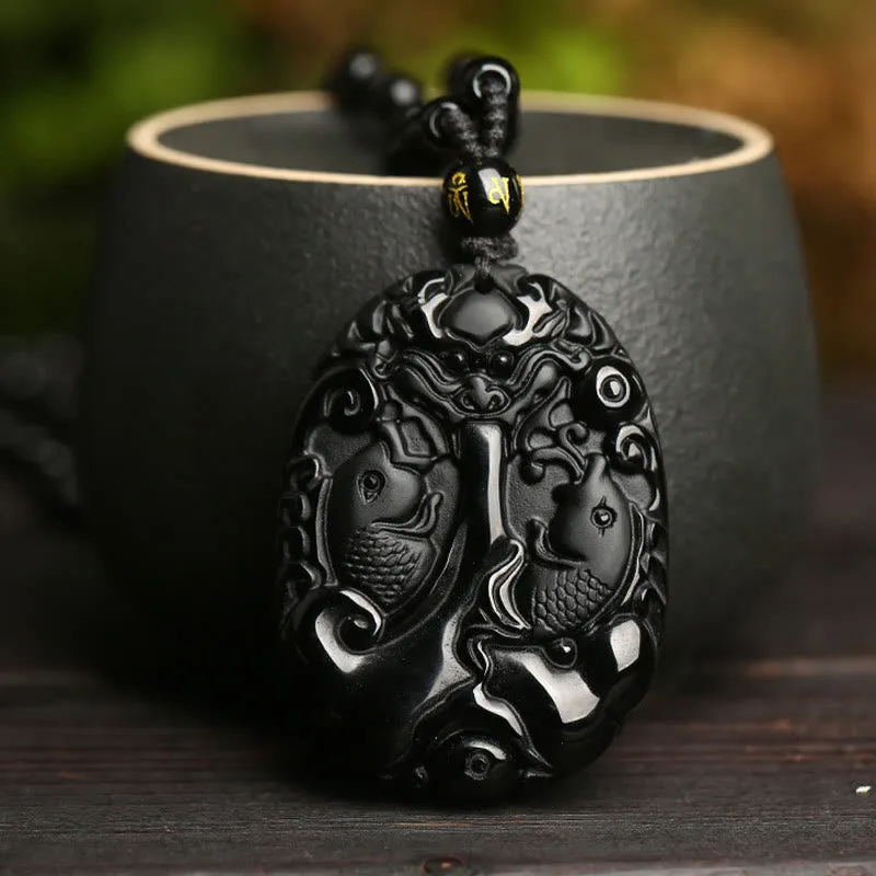 Black Obsidian Koi Fish Beaded Rope Necklace with Luck Muse Pendant - Image 5
