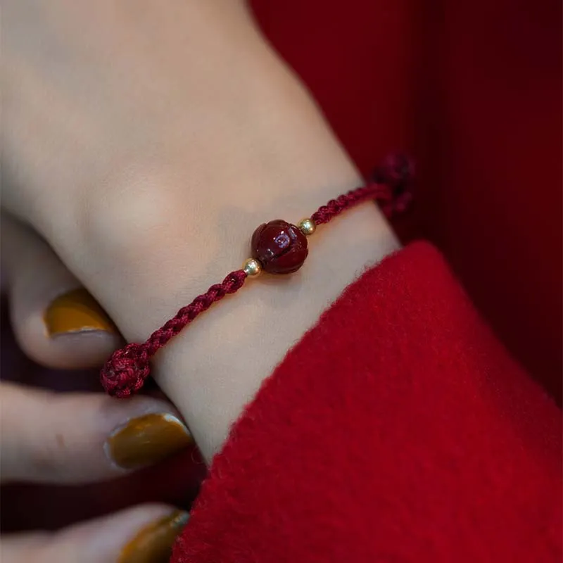 Cinnabar Jade Lotus Red String Bracelet - Image 9
