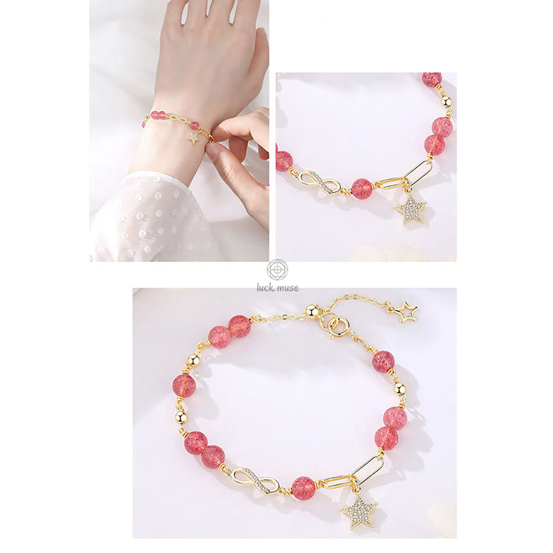 Luck Muse 14K Gold Plated Strawberry Quartz Moonstone Eternal Love Bracelet - Image 3