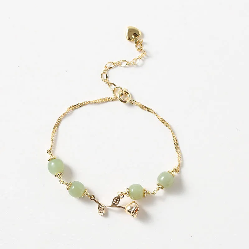 Luck Muse 14K Gold Plated Hetian Jade Rose Flower Luck Chain Bracelet - Image 4