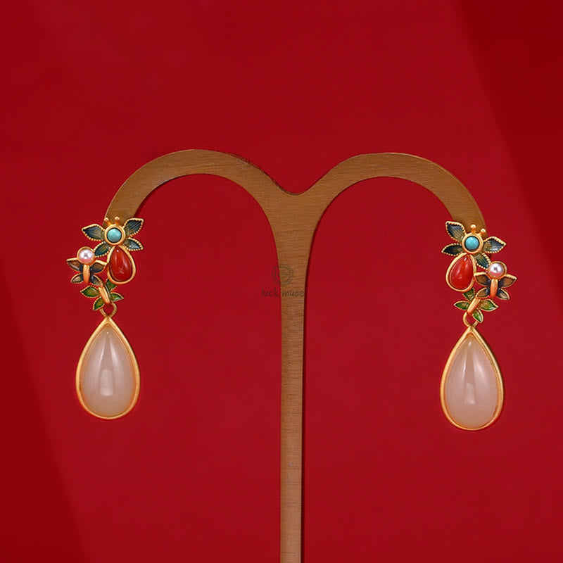 White Jade Red Agate Butterfly Protection Drop Earrings with Luck Muse - Image 7