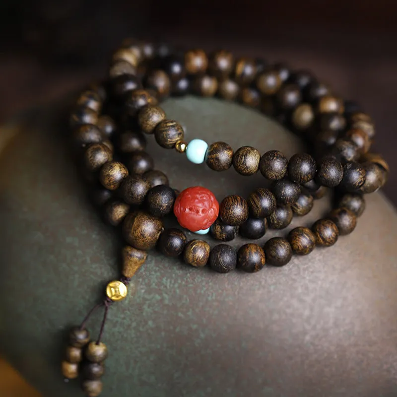 Luck Muse 108 Mala Beads Peace Meditation Bracelet with Agarwood, Red Agate, and Turquoise - Image 2