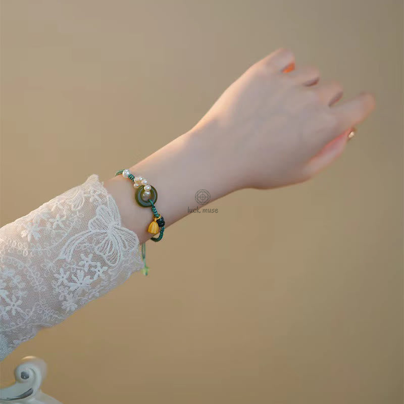 Handcrafted Hetian Jade Peace Buckle Bracelet with Natural Pearls for Luck - Image 4