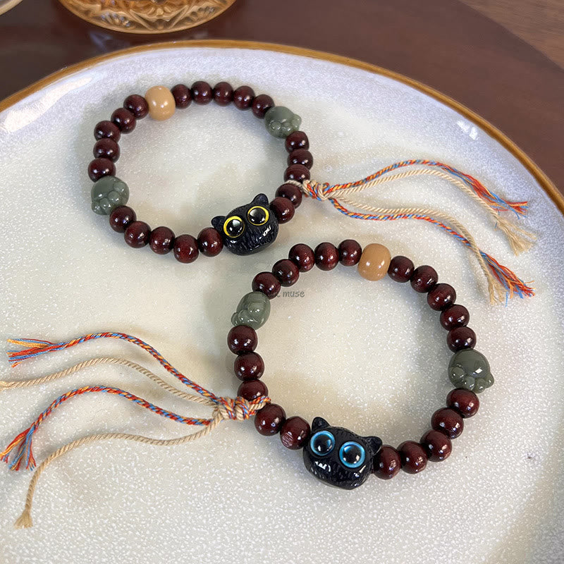 Luck Muse Ebony Wood Cat Paw Jade Peace Tassel Bracelet - Image 2