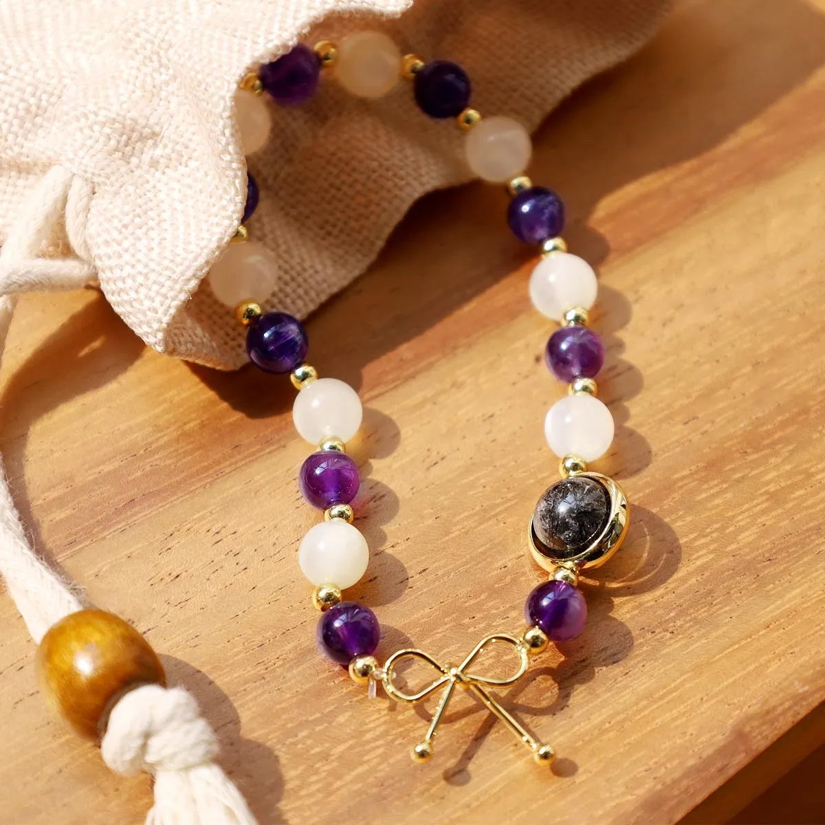 Spiritual Bead Bracelet with Amethyst, Cat's Eye, and Black Rutilated Quartz - Image 3