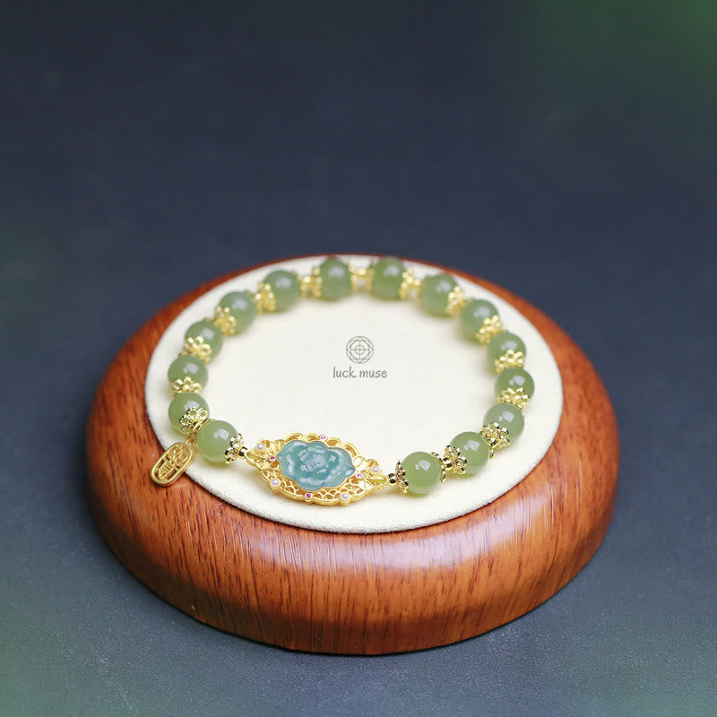 925 Sterling Silver Bracelet with 14K Gold Plating and Hetian Jade Lotus Charm for Good Luck - Image 6