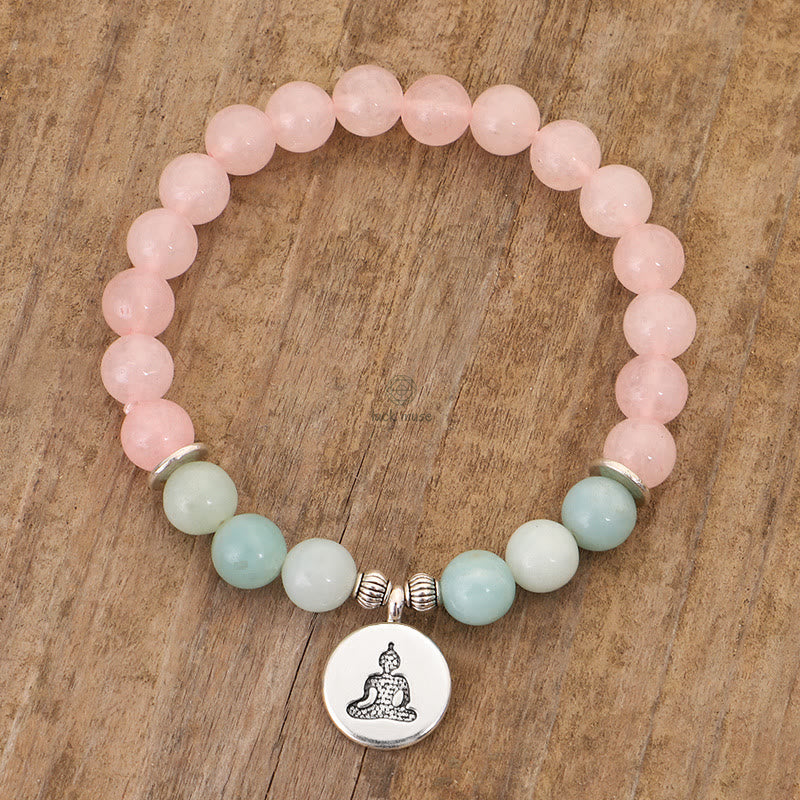 Natural Pink Crystal Amazonite Buddha Bracelet with Lotus and OM Symbol - Image 8