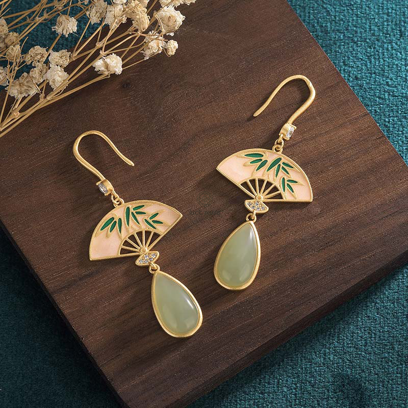 Natural Green Aventurine Fan Pattern Drop Earrings for Luck - Image 3
