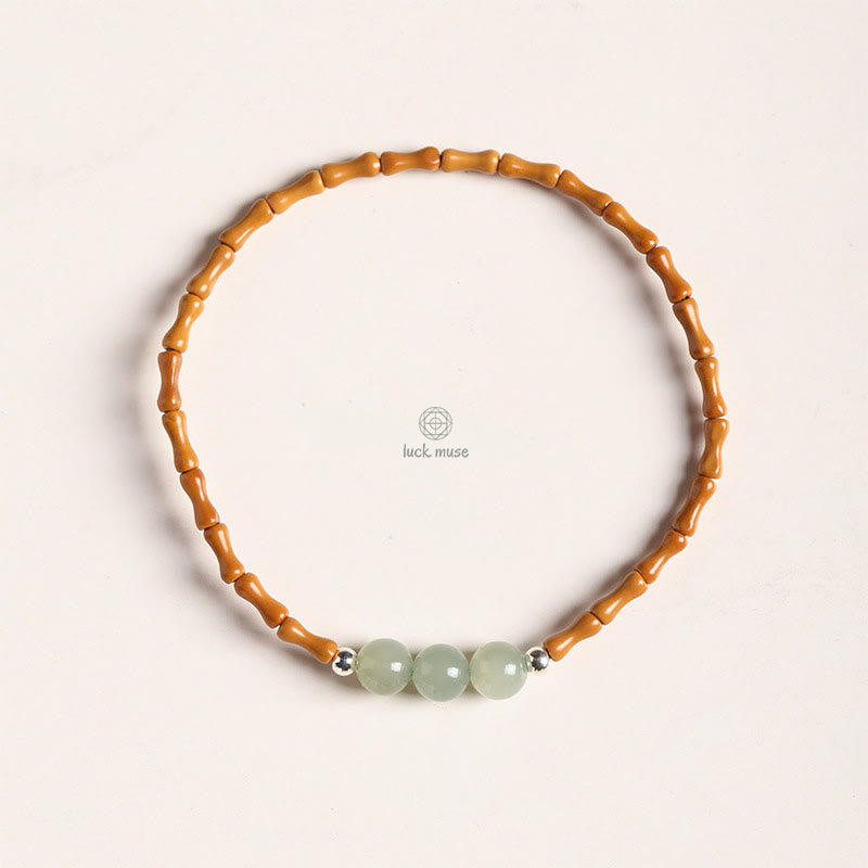 Bamboo Pattern Hetian Jade Beads Luck Bracelet with Luck Muse and Olive Pit - Natural - Image 6