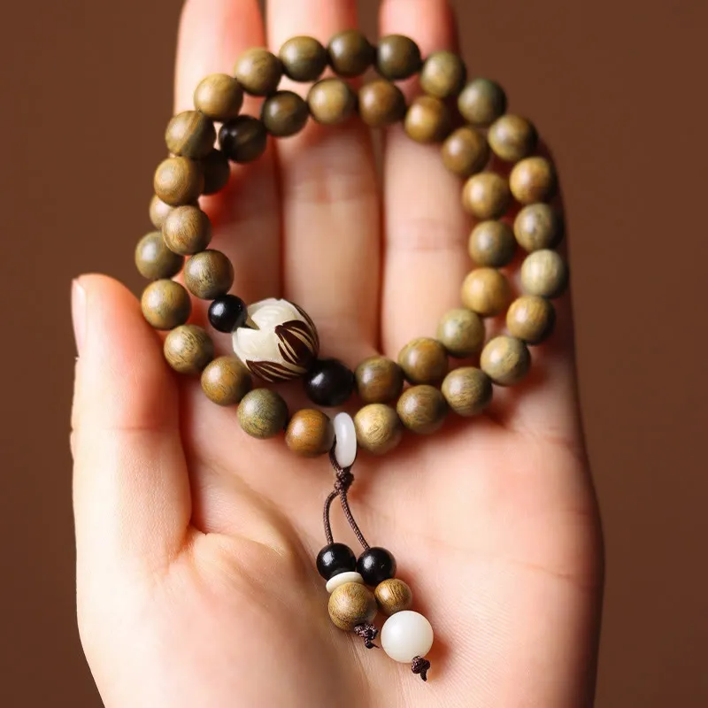 Bodhi Seed and Green Sandalwood Lotus Double Wrap Bracelet - Image 3