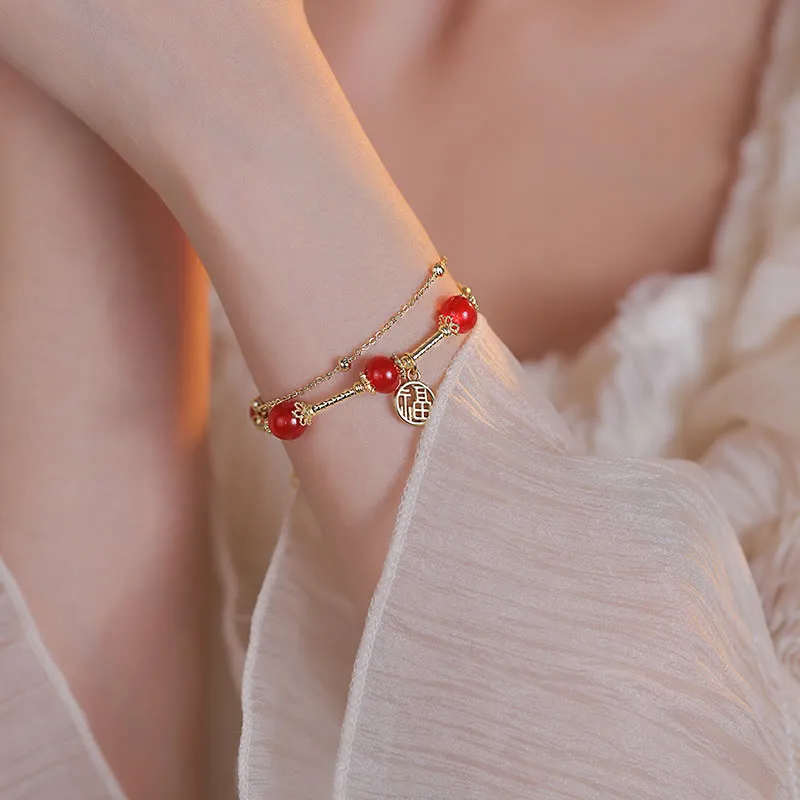 Buddha Red Agate Self-Acceptance Bracelet with Fu Character Charm - Image 4