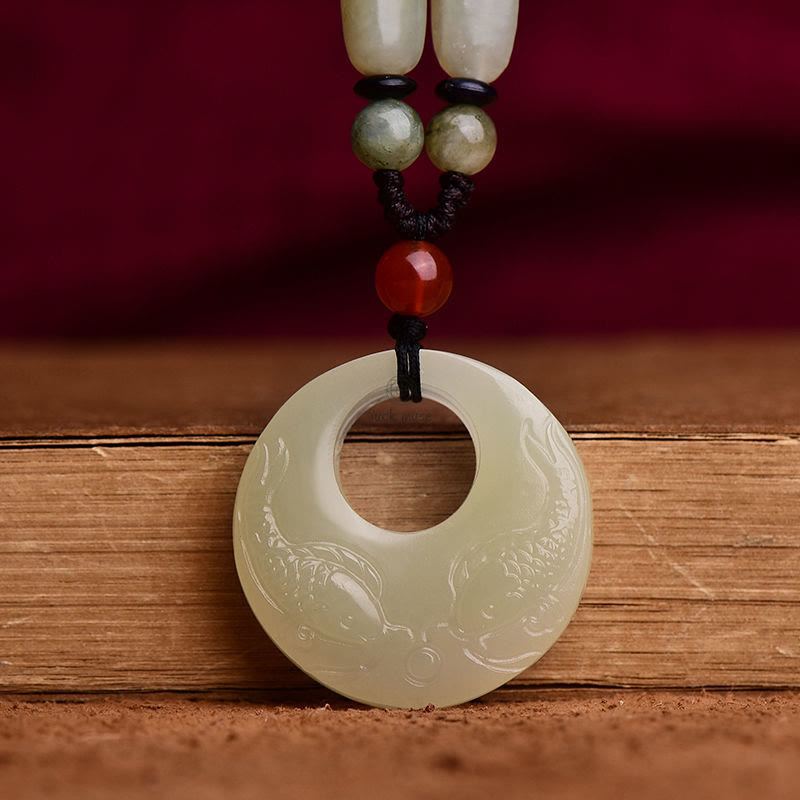 White Jade Double Koi Fish Carved Luck Muse Necklace for Prosperity and Success - Image 7