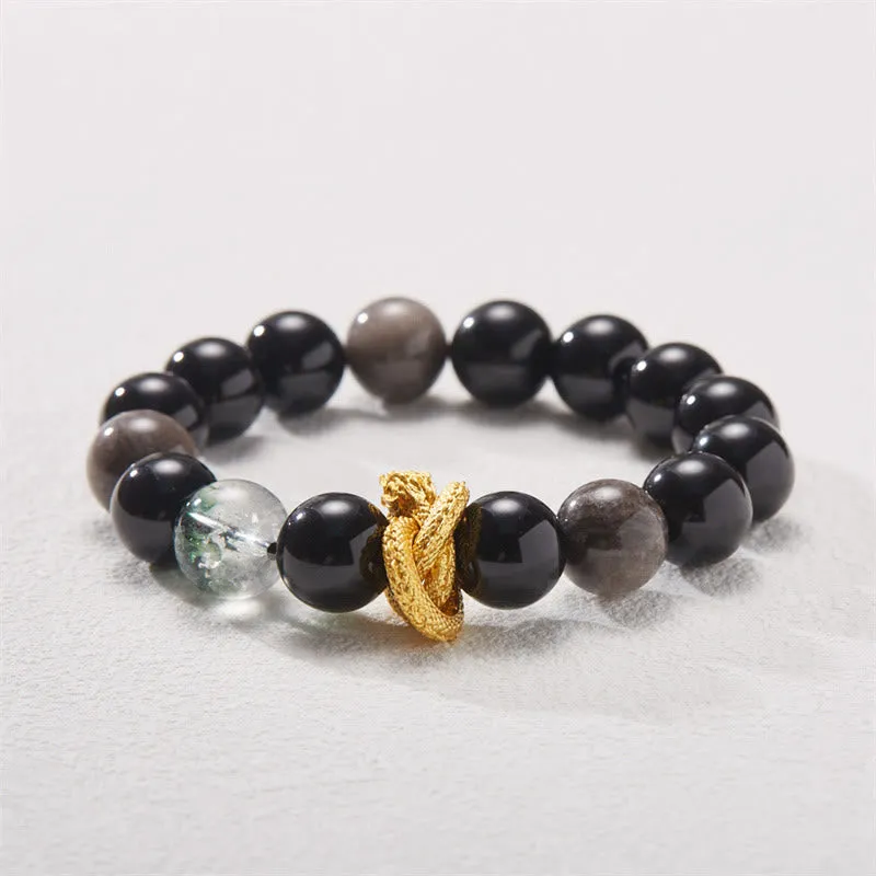 Luck Muse Natural Silver Sheen Obsidian Dragon Green Ghost Protection Bracelet - Image 4