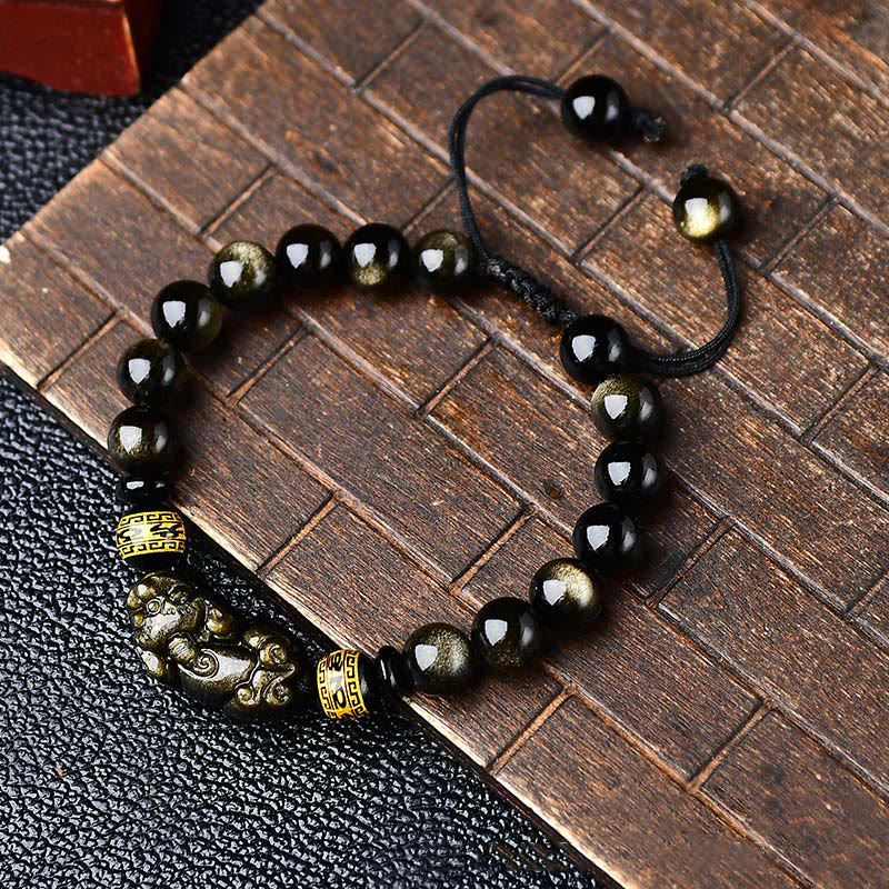 Natural Gold Sheen Obsidian PiXiu Wealth Bracelet with Om Mani Padme Hum - Image 4