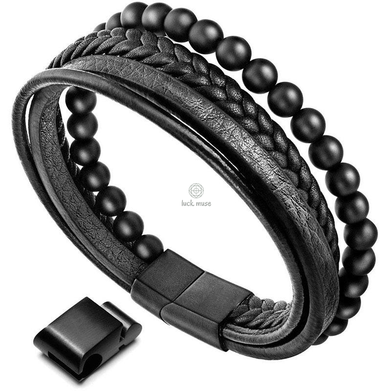 Natural Lava Rock Frosted Stone Bead Leather Bracelet with Black Onyx Accents - Image 19