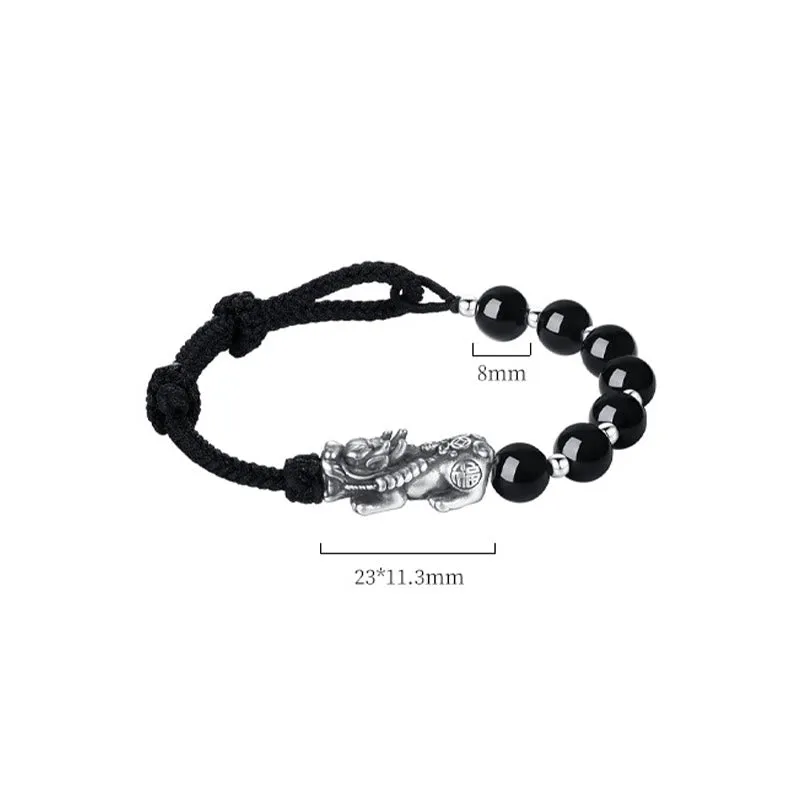 Luck Muse 999 Sterling Silver Feng Shui Pixiu Natural Black Obsidian Bracelet - Image 11