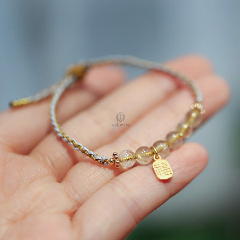 Luck Muse 925 Sterling Silver Natural Jade Gourd Rutilated Quartz Fu Character Lucky Braid Bracelet - Image 7