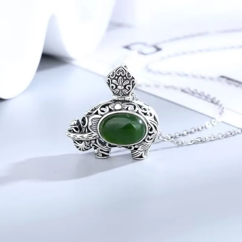 Luck Muse 925 Sterling Silver Hetian Cyan Jade Elephant Pendant for Success - Image 2