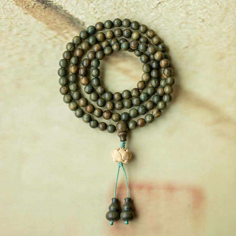 Luck Muse 108 Mala Beads Bracelet with Green Sandalwood Boxwood Lotus Design - Image 6