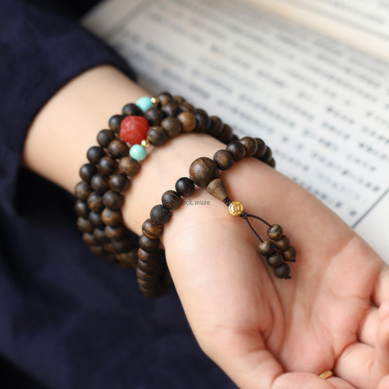 Luck Muse 108 Mala Beads Peace Meditation Bracelet with Agarwood, Red Agate, and Turquoise - Image 6