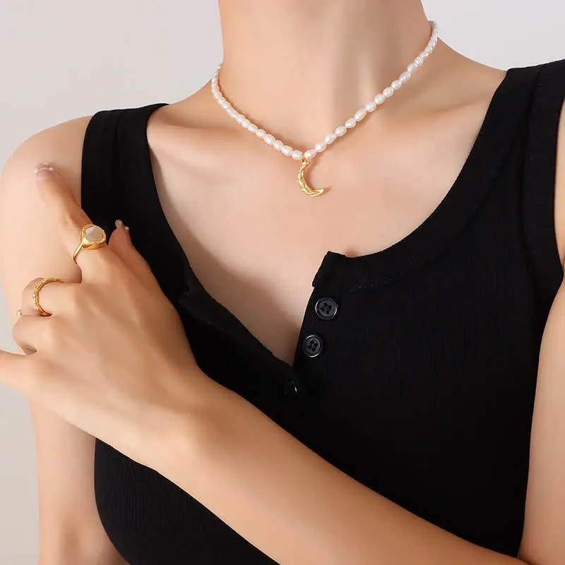 Pearl Crescent Moon Titanium Steel Calm Necklace Pendant by Luck Muse Shop - Image 3