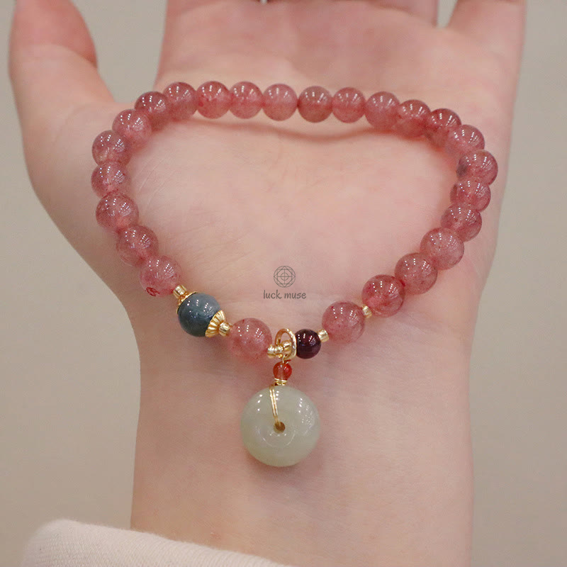 Natural Strawberry Quartz and Jade Peace Healing Bracelet with Coin Purse Buckle - Image 6