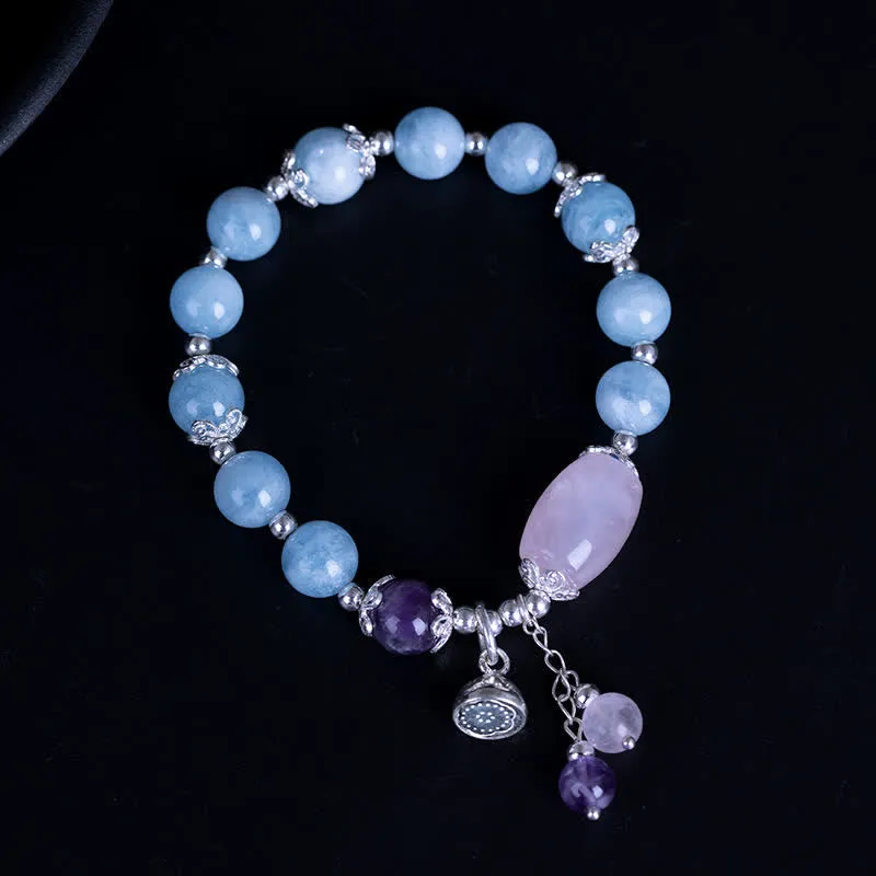 925 Sterling Silver Aquamarine Amethyst Lotus Charm Bracelet - Luck Muse Healing Bracelet - Image 5