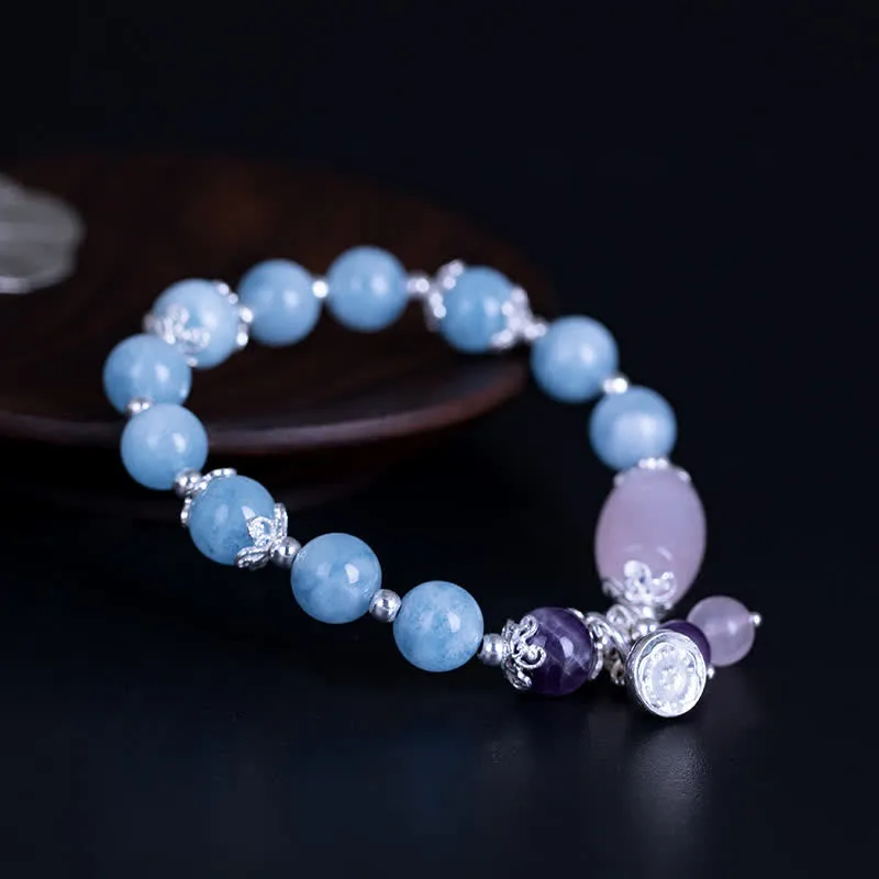 925 Sterling Silver Aquamarine Amethyst Lotus Charm Bracelet - Luck Muse Healing Bracelet - Image 2