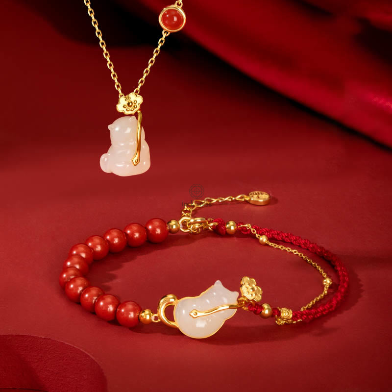 Luck Muse 925 Sterling Silver Plated 18K Gold Hetian Jade Ruyi Cat Cinnabar Luck Jewelry Set