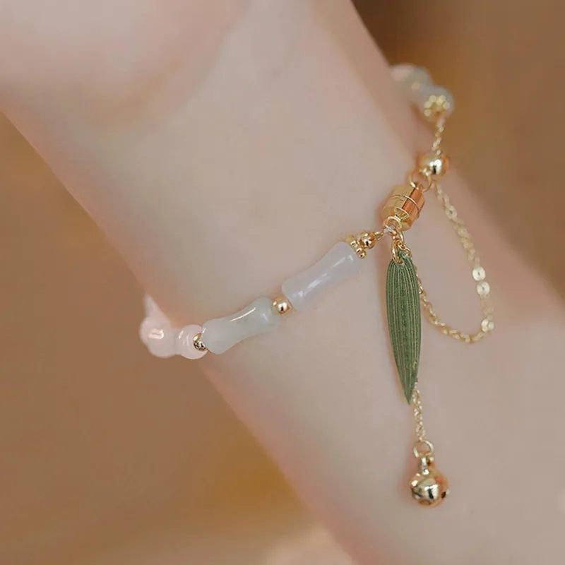 Luck Muse 14K Gold Plated Hetian White Jade Bamboo Leaf Lucky Protection Bracelet - Image 4