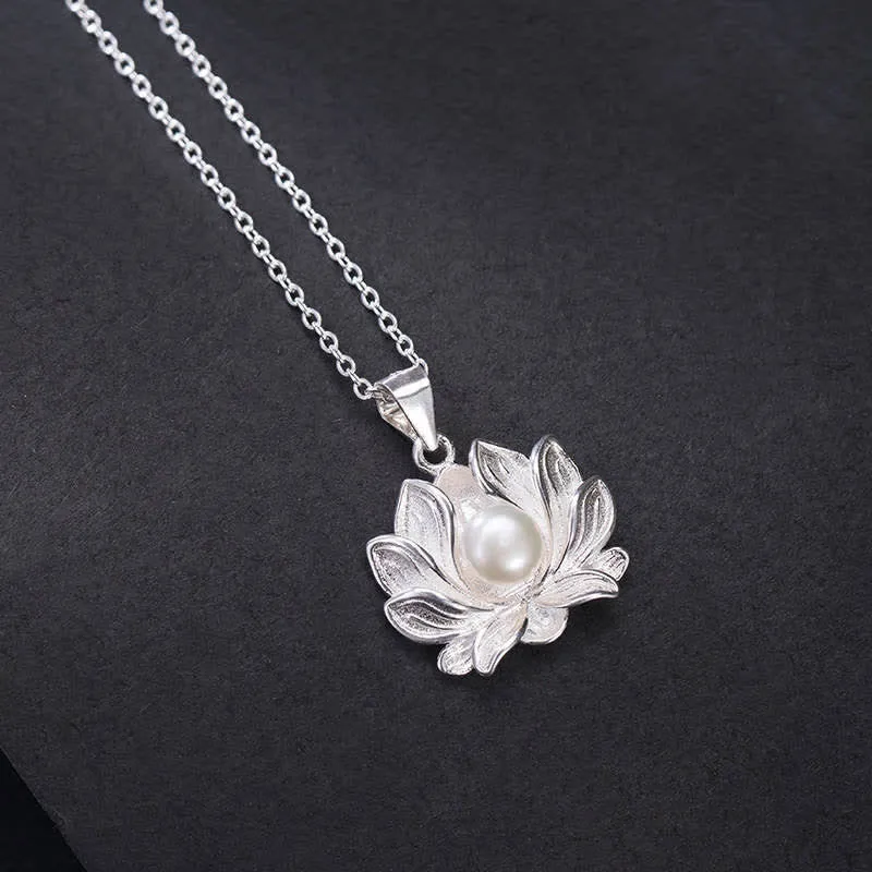 925 Sterling Silver Lotus Flower Pearl Wealth Necklace Pendant - Luck Muse Shop