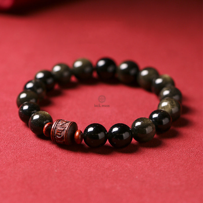 Natural Gold Sheen Obsidian Rainbow Obsidian Om Mani Padme Hum Healing Bracelet - Image 4
