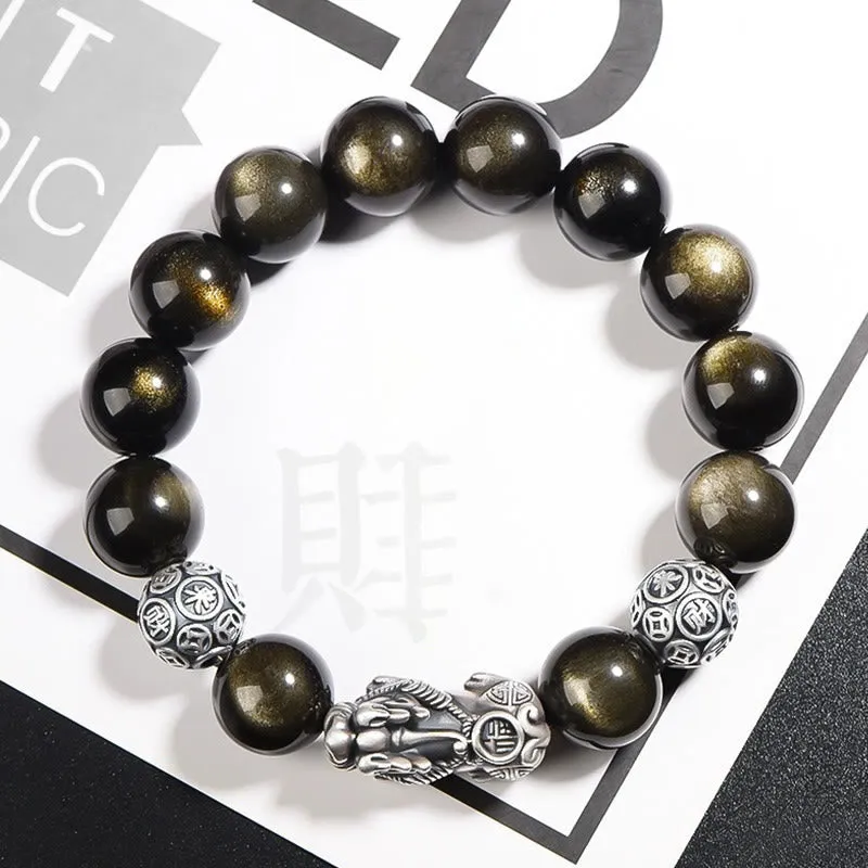 Luck Muse 925 Sterling Silver Gold Sheen Obsidian PiXiu Protection Bracelet